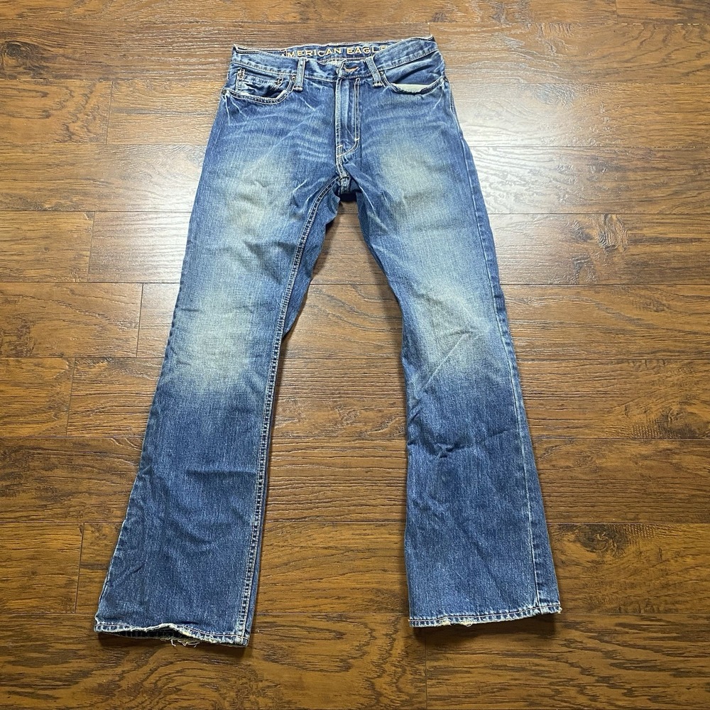 Vintage Y2K American Eagle Mens 29x32 Faded Wide Leg Bootcut Jeans Wallet Patch